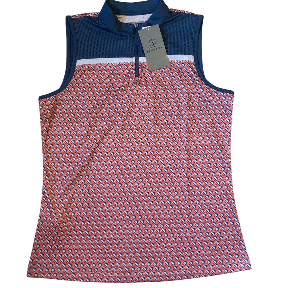 PGA‎ TOUR Sleeveless Golf Polo Women XXL Camellia Orange Blue NEW Quarter Zip